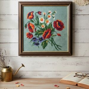 Handmade Vintage Floral Needlepoint Framed Poppy Daisy Art 14x14